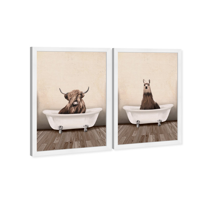 Rustic Bathroom - ensemble de 2 impressions, H 17 po x l 24 po, Papier blanc avec cadre
