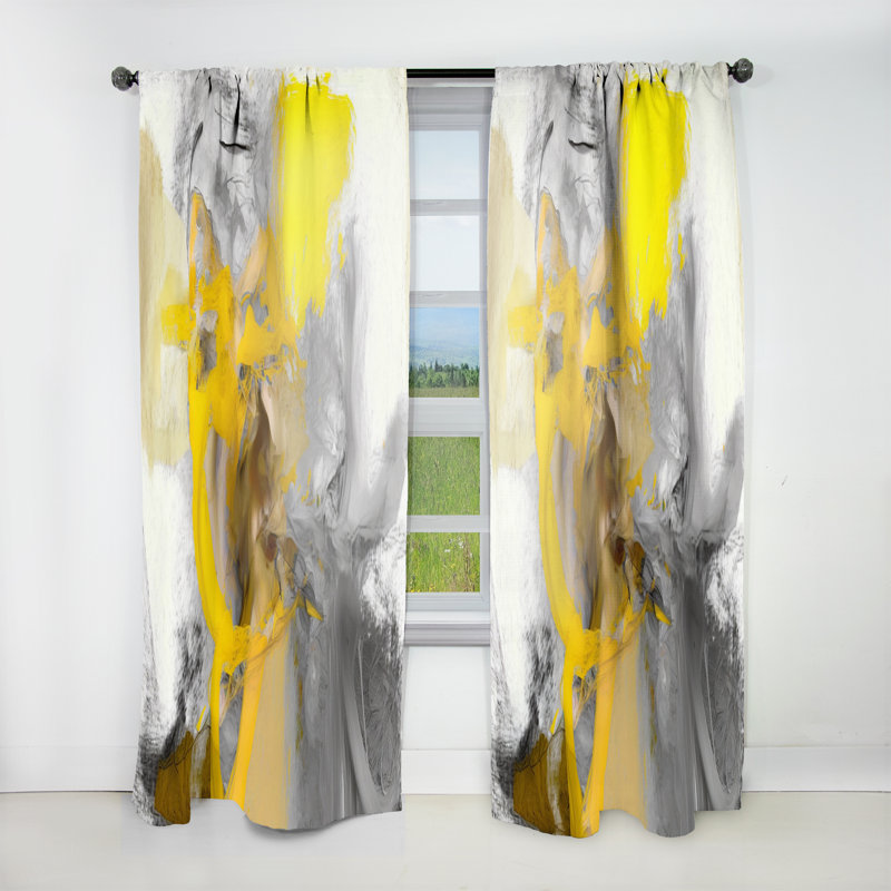 Rideau en velours abstrait moutarde jaune moutarde et gris vif I, L 52 po x L 90 po