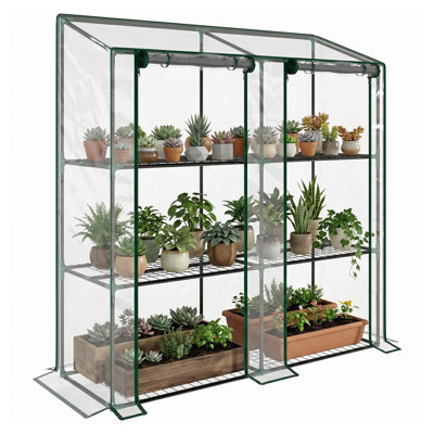 Serre adossée Outsunny avec étagères grillagées à 3 niveaux, petite structure de jardin portable en plastique PE avec 2 portes enroulables à fermeture éclair pour l'intérieur, l'extérieur, le jardin ou le balcon, transparente