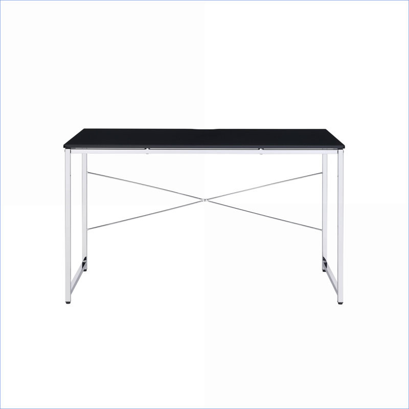 Desks: Modern Black &amp; Chrome Writing Desk with X-Shape Cross Bar | Black | Synthetic Wood