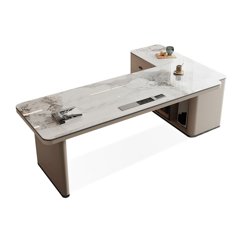 Bureau blanc / blanc + beige pierre rectangulaire + bois manufacturé avec 3 tiroirs, H 29,53 po x l 94,49 po x P 51,18 po
