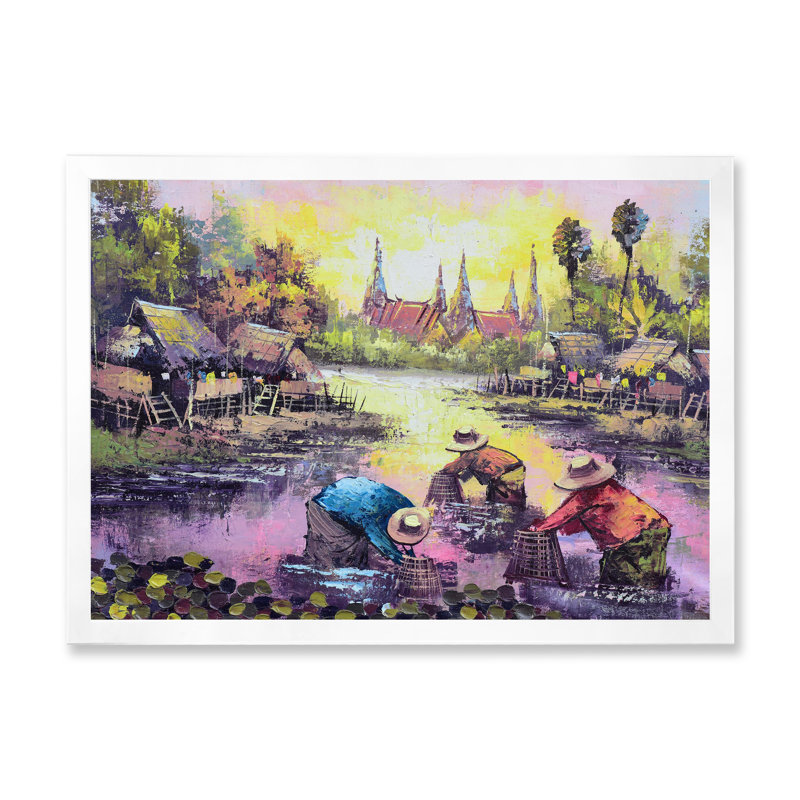 Paysage de ferme de riz asiatique rétro II, reproduction sur toile, H 8 po x l 12 po x P 1 po, Cadre de coin blanc fermé