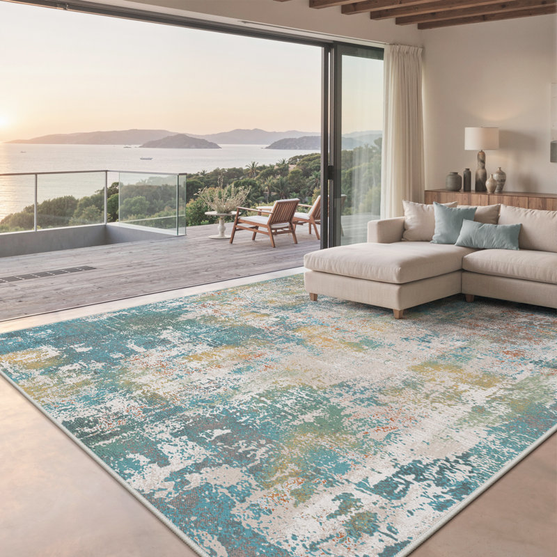Tapis bleu sarcelle / beige Pavelina , Teal, Rectangle 6 pi x 9 pi