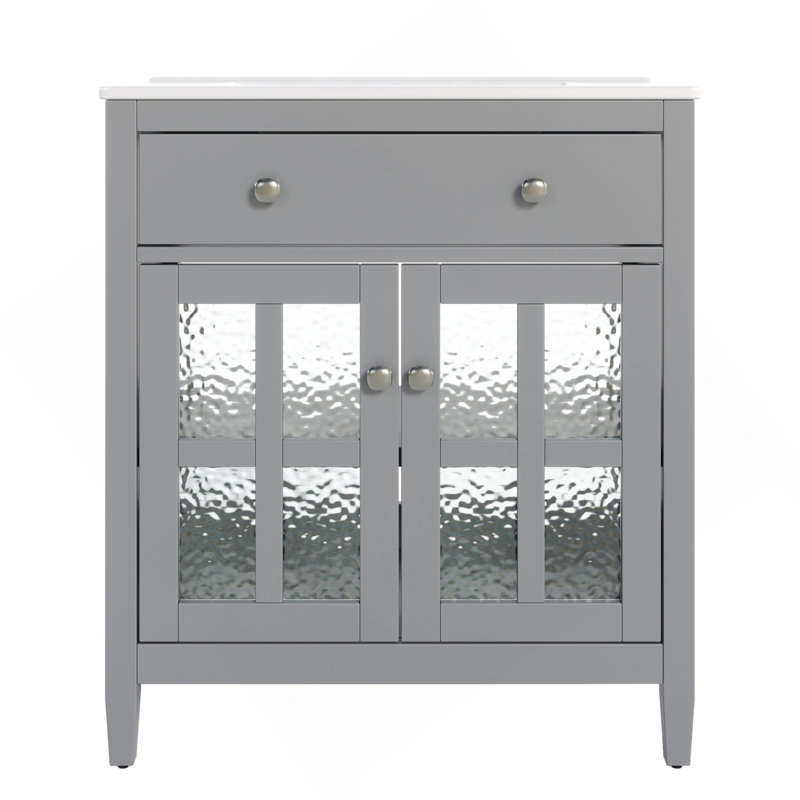 Meuble-lavabo de 30 po avec lavabo en céramique, tablette réglable et plateau basculant, meuble-lavabo avec pieds en bois, poignées en métal argenté et charnières à fermeture en douceur, gris