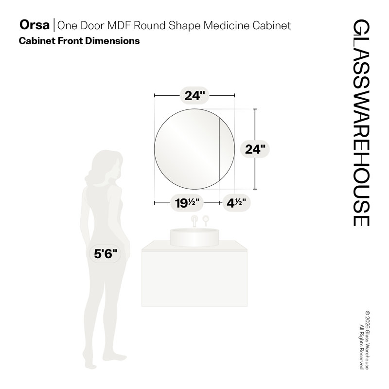 Recessed Frameless Single Door Medicine Cabinet with Adjustable Shelves, 24" H x 24" W x 4.75" D