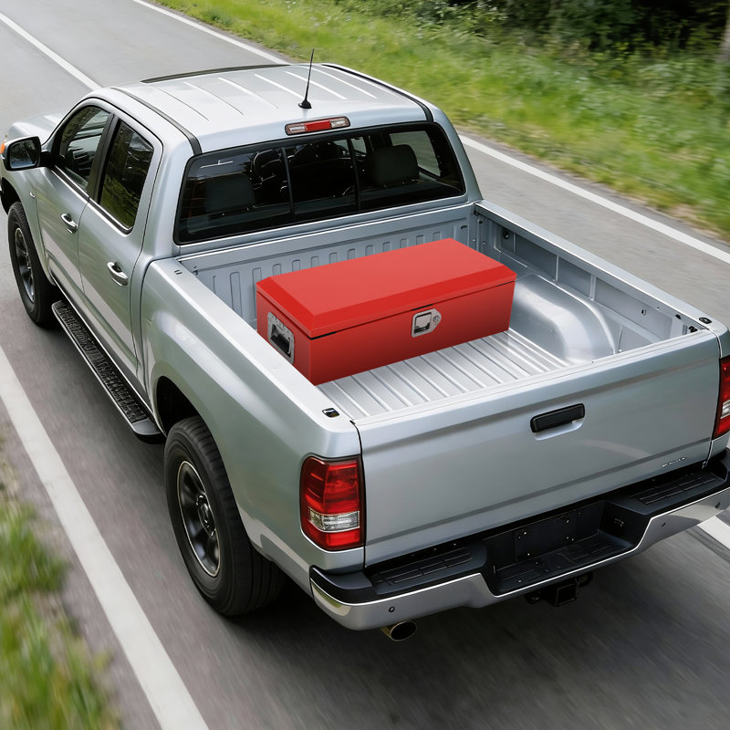 Waterproof Diamond Plate Steel Truck Bed Tool Box - Heavy Duty, Lock, Gas Strut Lid & Side Handles, Organizer for Pickup, RV, Trailer (48x15x15 Inch, Spray-Painted Red)