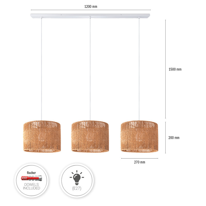 Proberta 3-light drum pendant lamp, Natural, White