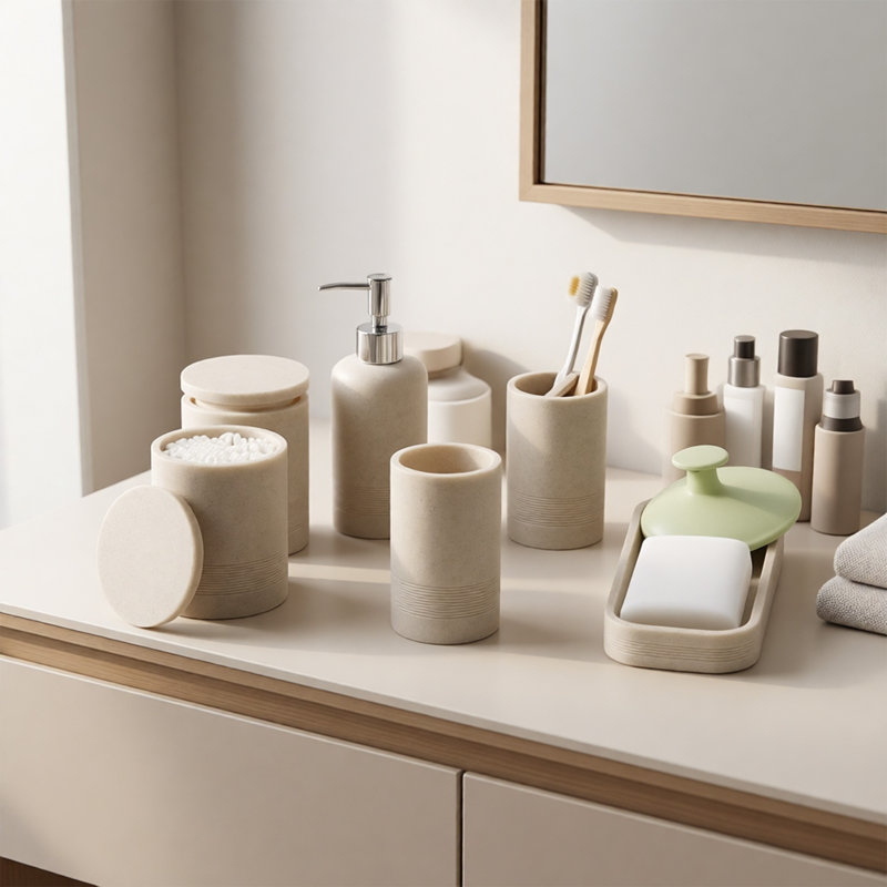 Ensemble d'accessoires de salle de bain 6 pièces, ensemble de meuble-lavabo beige avec distributeur de savon, porte-brosse à dents, plateau, gobelet et pots d'apothicaire