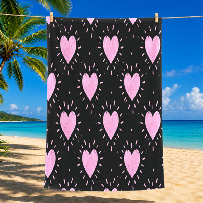 1Pcs Black Heart Beach Towel, featuring a cute pink pattern with radiating lines and small dots. Microfiber, perfect for, swimming, travel, unisex.