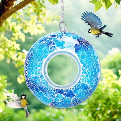 Solar Mosaic Fly Through Bird Feeder Outdoor Garden Light Led Patio Round Glass With Mosaic Design Hanging Fly-through Bird Feeder