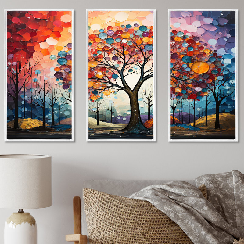 Multicolor Graffiti Oak Tree Sunrise I - Tree Oak Wall Art Set, White Floater Framed, 32" H x 48" W x 1" D