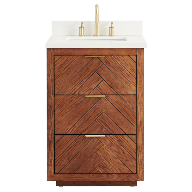 Meuble-lavabo simple autoportant à grain de bois 24 po avec plateau en quartz blanc pur Atilia, L 24 po