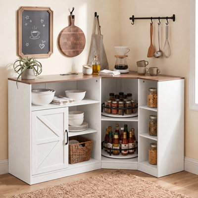 Armoire de coin avec station de charge, armoire de cuisine en L avec tablette réglable, armoire de rangement de coin avec plateau tournant Lazy Susan, blanc