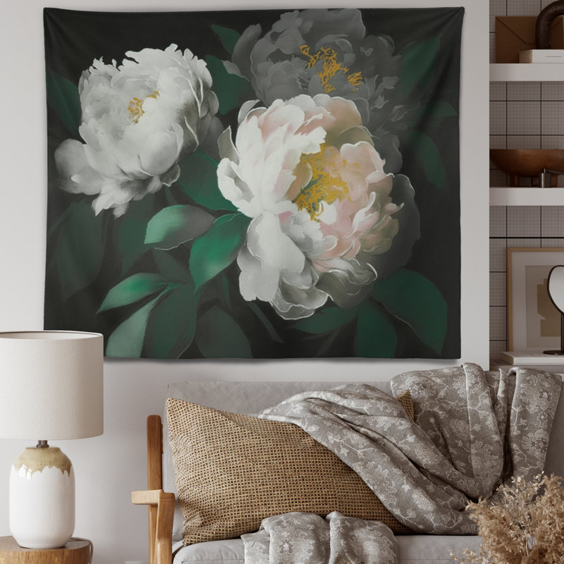 Polyester blanc pivoine fleurie sur fond noir I, H 50 po x l 60 po