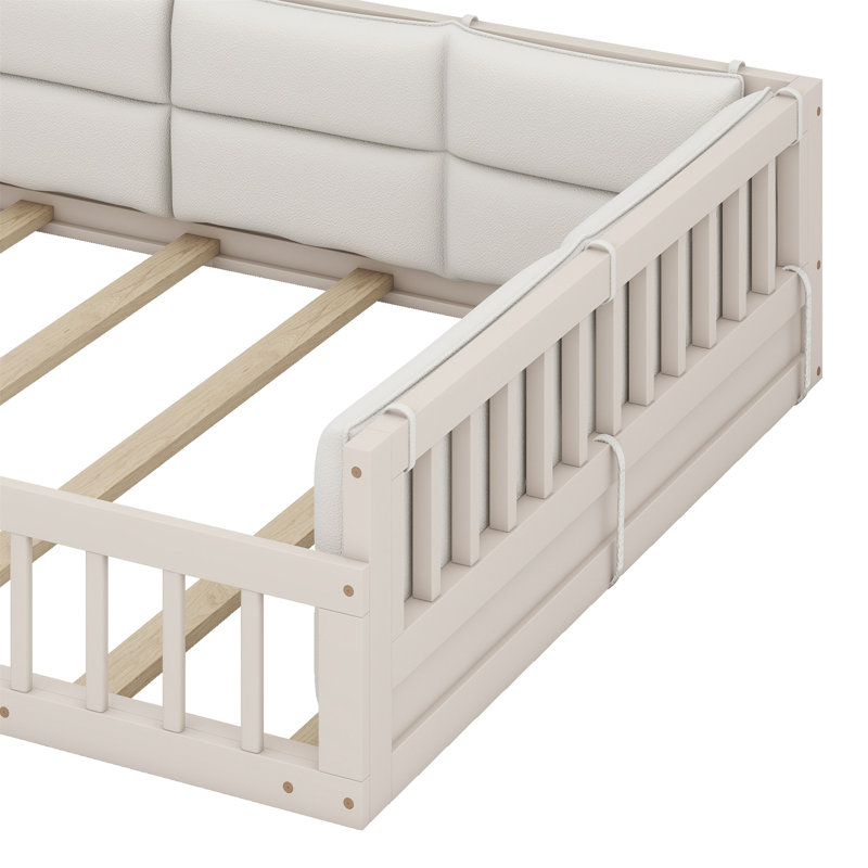 Upholstered Platform Bed With Guardrail And Pillow, Beige