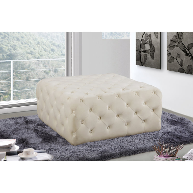 Ariel 33" Wide Velvet Tufted Square Standard Ottoman, Cream Velvet