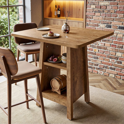 Square Bar Table with Storage, 35.4" H High Top Pub Table with 2 Open Shelves, Farmhouse Bistro Bar Furniture for Kitchen Dining Room, Coffee, Small Space, Rustic Brown
