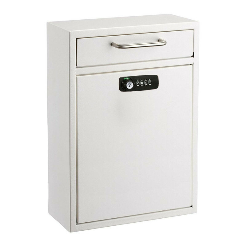 Large Mail Wall-Mount Secure Drop Box with Key and Combination Locking System, 16.2" H x 11.2" W x 4.7" D, White