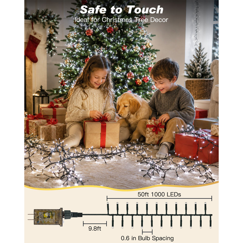 Guirlande lumineuse de Noël de 15 m (50 pi) avec 1000 DEL, télécommande et minuterie, blanc pur, effet pétard, à brancher, fonction mémoire et 12 modes d'éclairage, étanche, pour fenêtre, porche ou extérieur.
