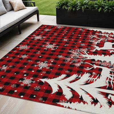 Tapis extérieur lavable à carreaux rouge et noir 5 pi x 8 pi ivoire