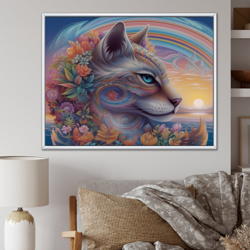 Chat arc-en-ciel magique avec fleurs sur toile, H 30 po x l 40 po x P 1,5 po, Cadre flottant blanc