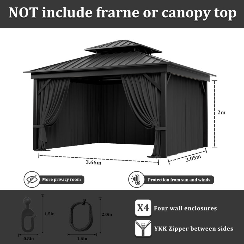 4-Panels Sidewall Curtains For Gazebo, Only Curtains, Black, 78.74" H x 144" W x 120" D
