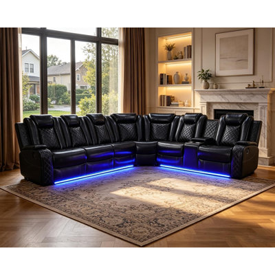 210" 3-Piece Air Leather Power Reclining Sectional Sofa with LED Lights, Storage Console & Cup Holders, Home Theater Seating (Set of 3)