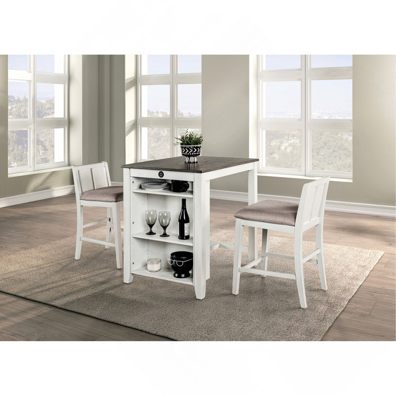 White And Grey Finish Transitional Style 3Pc Dining Set 1X Counter Height Table & 2X Chairs Storage Shelves USB Outlet Padded Seat Dining Room