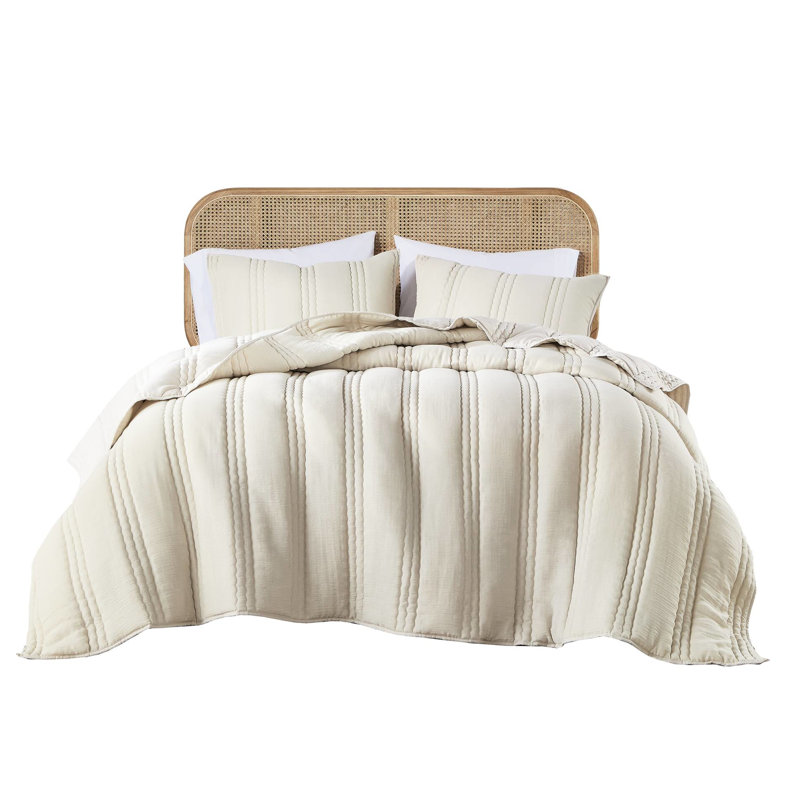 Courtepointe très grande / très grande gaze naturelle - 3 pièces avec rembourrage doux et taies décoratives, matelassage en forme de canal, style froissé, étiquette de peau avec motif, facile à nettoyer