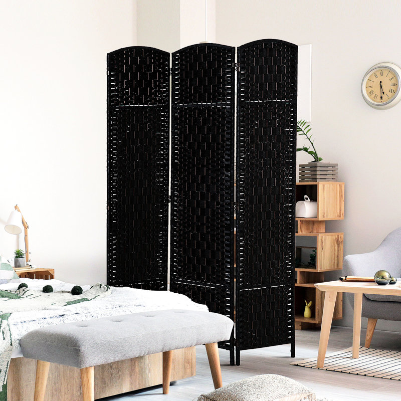 Cloison d'intimité tissée noire de 6 pi de hauteur. Élégant pour les petits espaces. Tissage artistique. 3 panneaux, charnière pratique, facile à ranger et grand écran de transport. Partition. Portable