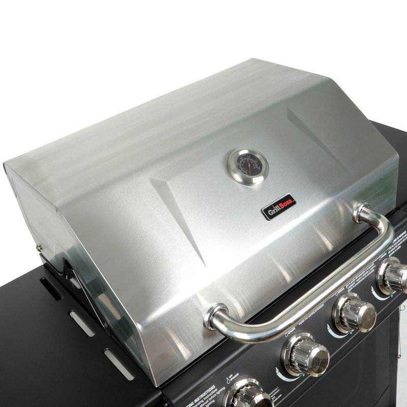 Grill Boss 4-Burner Outdoor Propane Gas Grill with Side Shelves & Wheels, Black