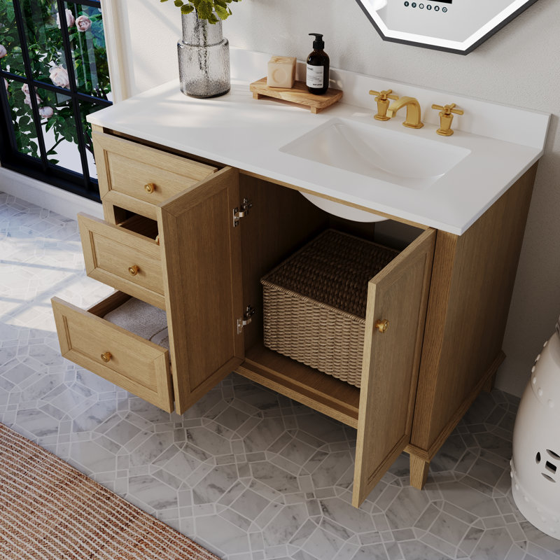 Ensemble de meuble-lavabo simple 48 po Hannah, Blanc, Oui, Chêne / or brossé