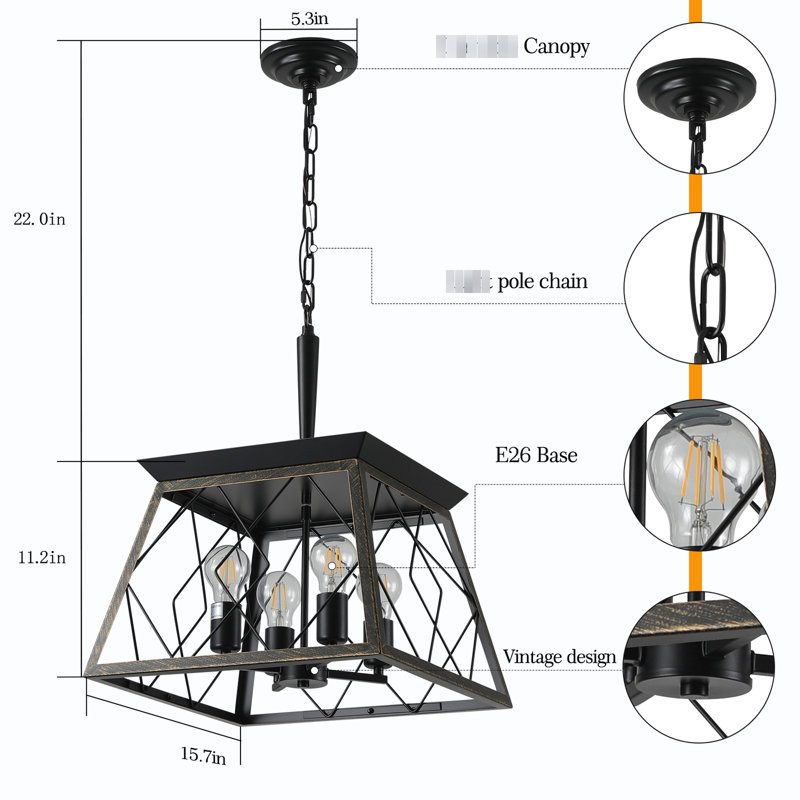 Noir doré 4 - rétro - luminaire antique pour le salon, la cuisine, la salle à manger et la hauteur de la chaîne réglable