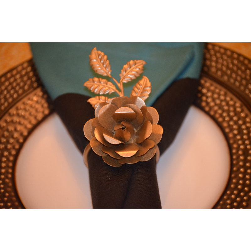 Golden Rose Flower and Leaves Napkin Ring Set of 4