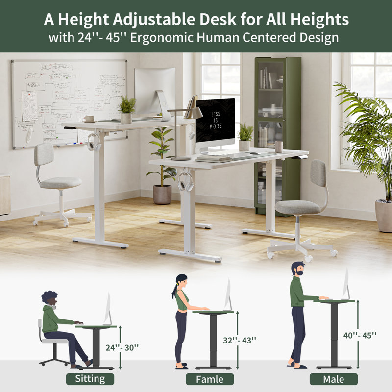 Adjustable Metal Base Standing Desk, White/White, 27.00" H x 63.00" W x 24.00" D 