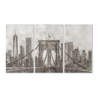 «Neutral Grey Tan Panoramic View of New York City Triptych» par Ethan Harper, ensemble de 3 peintures
