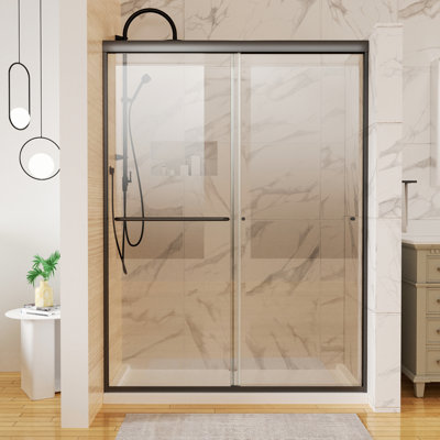 Traditional Matte Black Shower Door With Marks Glass Sliding Clear Vision Panels