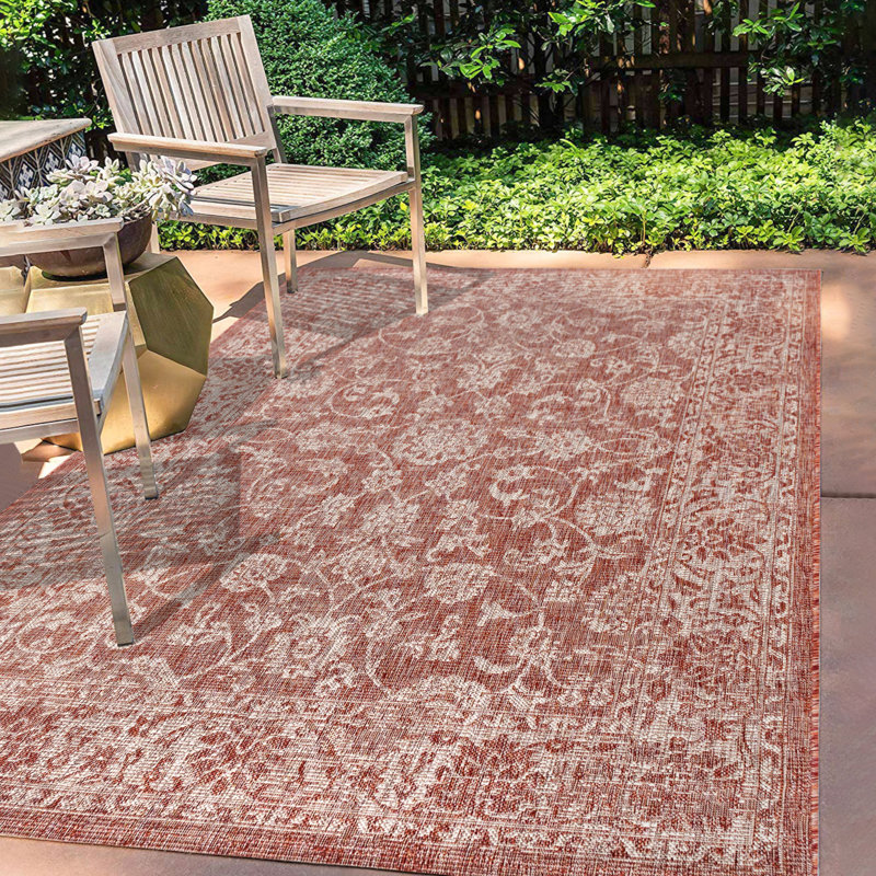 Leonora Bohemian Textured Weave Floral Red/Taupe Indoor/Outdoor Rug, Rectangle 5'3" x 7'7"