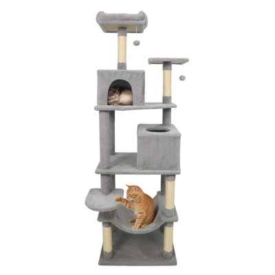 70” Cat Tree for Indoor Cats with Padded Top Perch, Dual Condos, Hammock, Platforms Light Gray