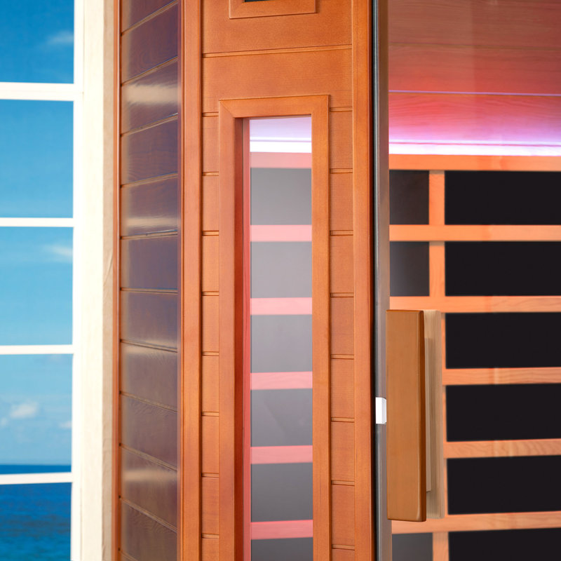 2-Person Indoor FAR Infrared Corner Sauna in Japanese Cedar with Red Light Therapy, Bluetooth Speaker, Smart Control Panel & Chromotherapy Lighting