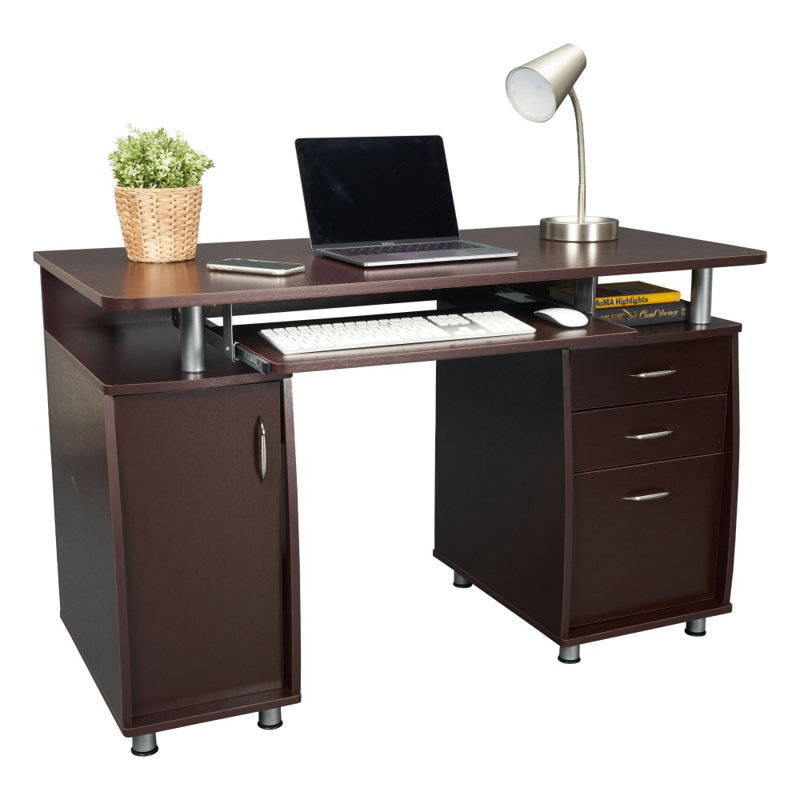 Bureau d'ordinateur avec poste de travail chocolat complet avec armoire de rangement, tiroirs et plateau à clavier