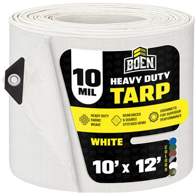 Bâche blanche Boen 10 pi x 12 pi, housse résistante imperméable et épaisse de 10 mil, toile antidéchirure, matériau de tissage épais, résistant aux rayons UV, idéal pour la tente de bâche, le bateau, le véhicule récréatif ou la piscine