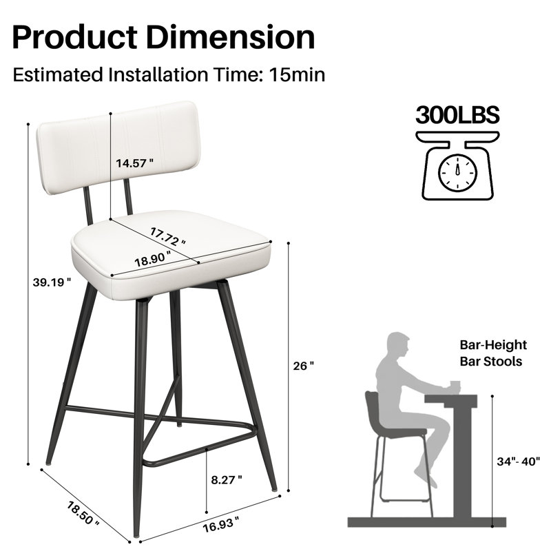 White Leather Swivel Counter Stools with Black Metal Frame, Set of 2
