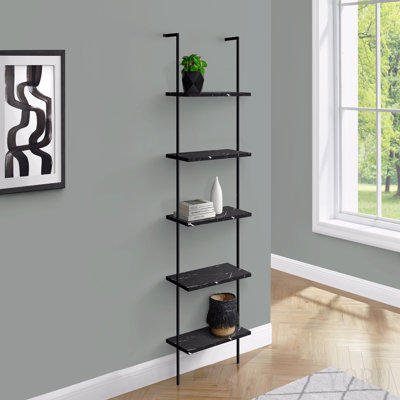 Bibliothèque, bibliothèque, étagère, échelle, 5 niveaux, H 72 po, bureau, chambre à coucher, stratifié aspect marbre noir, métal noir, contemporain, moderne