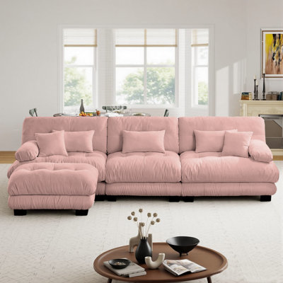 Modular Sectional Sofa, 133-Inch L-Shaped Living Room Set, Three-Seater Comfort Cloud Sofa With Removable Footstool, Chenille Fabric