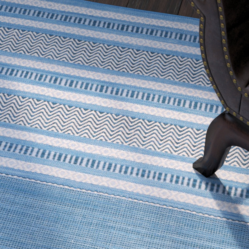 Tapis bleu / gris en coton tissé à plat à rayures Bokara Hills, Tapis de couloir beige