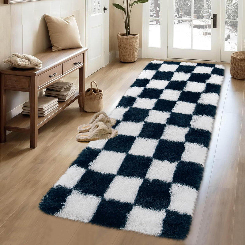 2x6 Runner Rug - Machine Washable, Non-Slip, Stain-Resistant Checkerboard Plush Carpet for Hallways, Entryways, Bedrooms (Navy Blue)