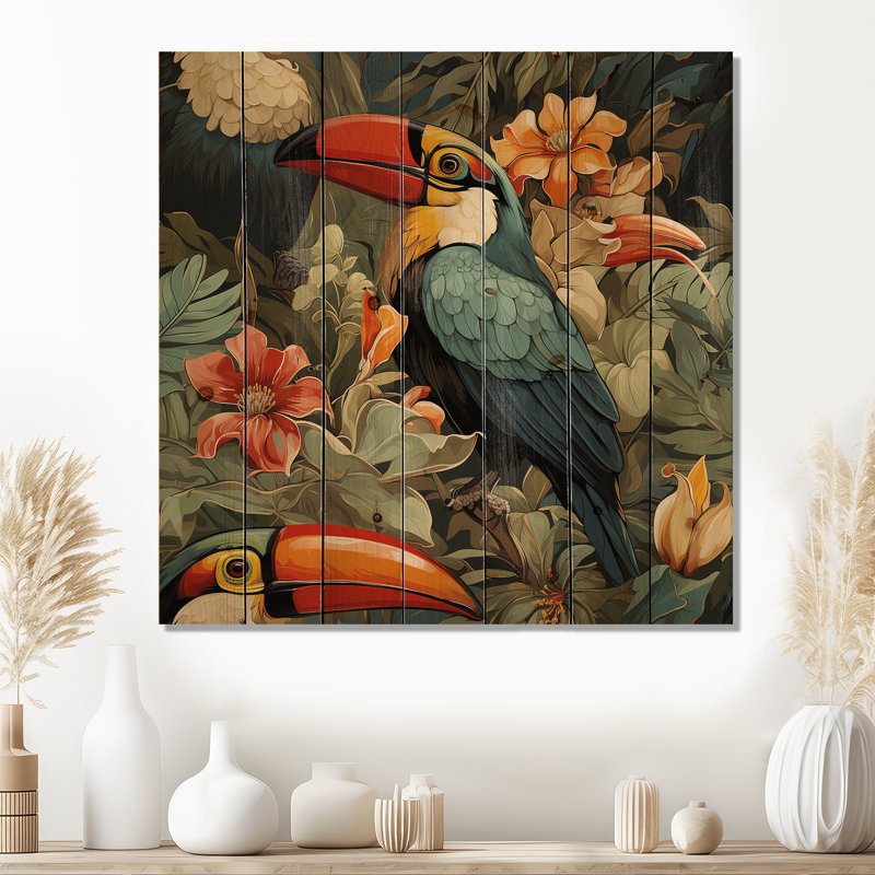 Toucan, tapisserie, motif tropical - art mural floral sur bois de pin naturel, H 30 po x l 30 po