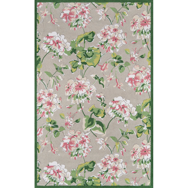 Tapis floral en laine crocheté à la main gris / rose / vert Kensie, Rectangle 2 pi x 3 pi