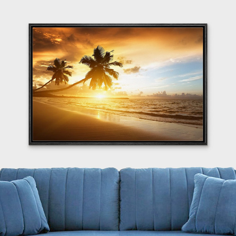 «Coastal Beach Palm Tree Duo with Sunset Beach», horizon, paysage naturel, photographie, art moderne, rustique